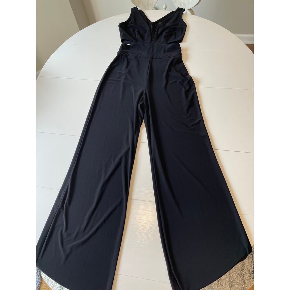 Laundry by Shelli Segal Black Jumpsuit Side Cutouts Sz 2 Deep V-Neck Wide Legs - Picture 7 of 11